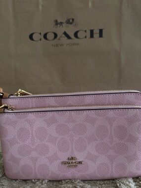 Coach Powder Pink Signature Double Zip Wristlet